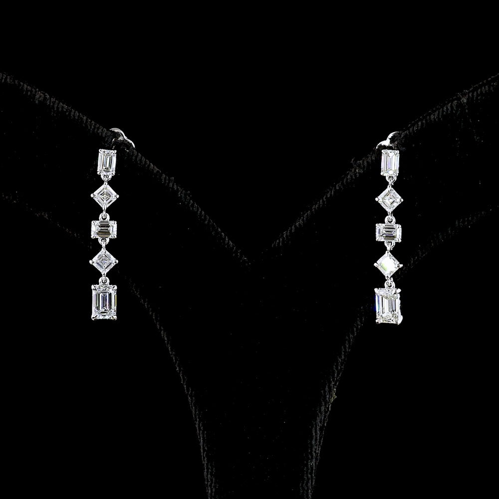 14K White Gold Drop Earrings with Alternating Emerald and Asscher Cut Lab Diamonds - 1.79 Carat Total Weight E-F VS - Covaloro Fine Jewelry