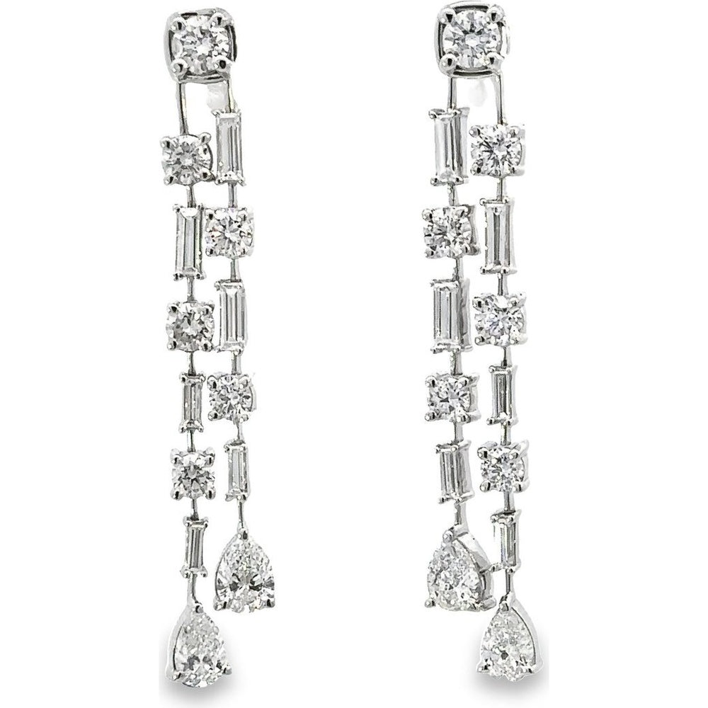 14K White Gold Drop Earrings with Alternating Round and Baguette Diamonds and Pear-Shaped Diamond Drops - 2.89 Carat Total Diamond Weight by Auriventus