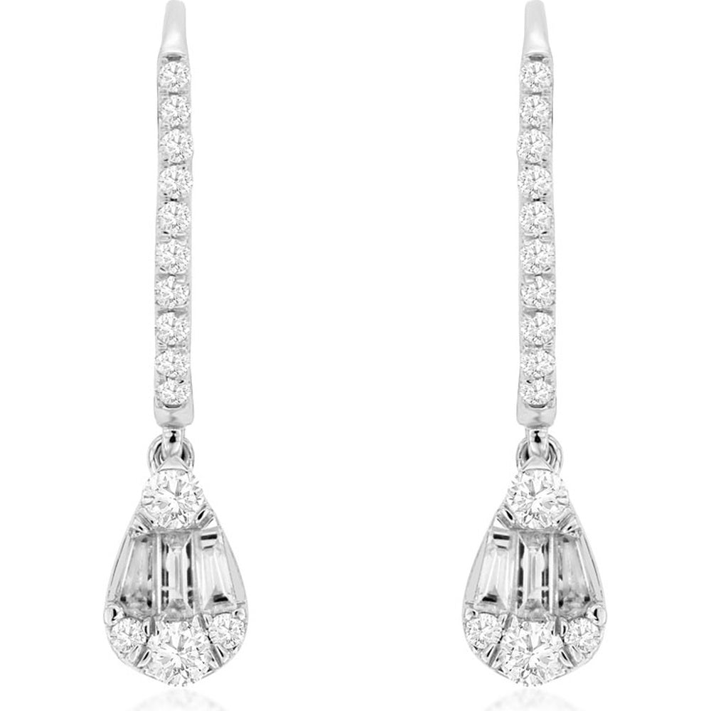 14K White Gold Drop Earrings with Baguette and Round Cut Diamond Pear-Shaped Dangles - 0.53 Carat Total Diamond Weight - Royal Jewelry
