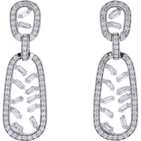 14K White Gold Drop Earrings with Baguette and Round Diamonds - 3.50 Carat Total Diamond Weight