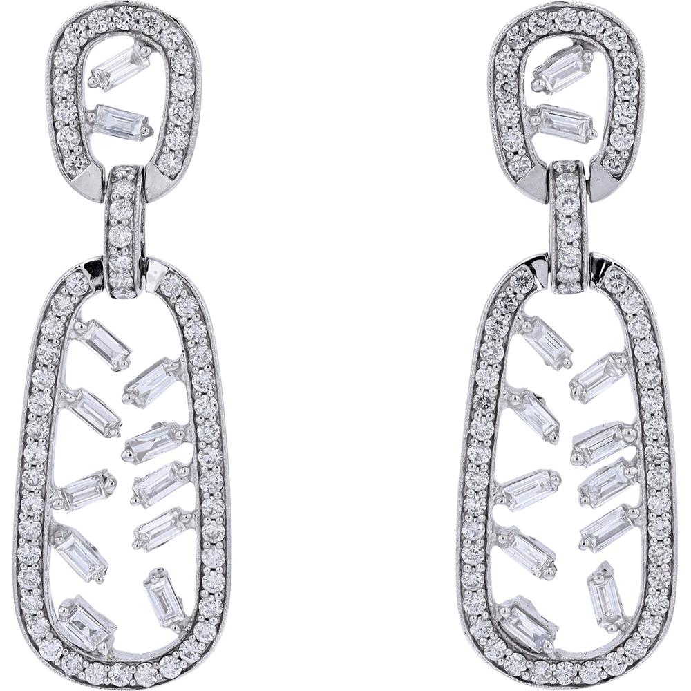 14K White Gold Drop Earrings with Baguette and Round Diamonds - 3.50 Carat Total Diamond Weight