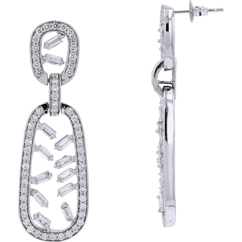 14K White Gold Drop Earrings with Baguette and Round Diamonds - 3.50 Carat Total Diamond Weight