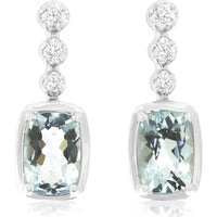 14K White Gold Drop Earrings with Bezel Set Round Diamonds and Cushion Cut Aquamarine - 0.95 Carat Total Aquamarine Weight - Royal Jewelry