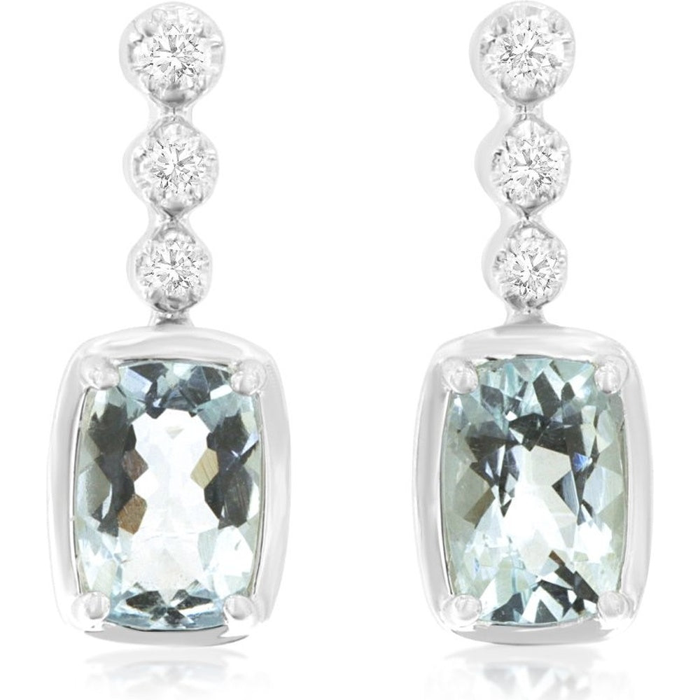 14K White Gold Drop Earrings with Bezel Set Round Diamonds and Cushion Cut Aquamarine - 0.95 Carat Total Aquamarine Weight - Royal Jewelry