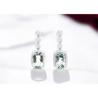 14K White Gold Drop Earrings with Bezel Set Round Diamonds and Cushion Cut Aquamarine - 0.95 Carat Total Aquamarine Weight - Royal Jewelry