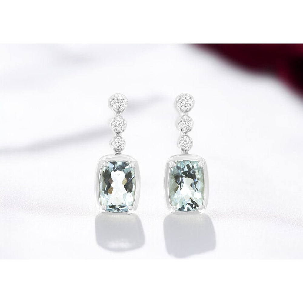14K White Gold Drop Earrings with Bezel Set Round Diamonds and Cushion Cut Aquamarine - 0.95 Carat Total Aquamarine Weight - Royal Jewelry