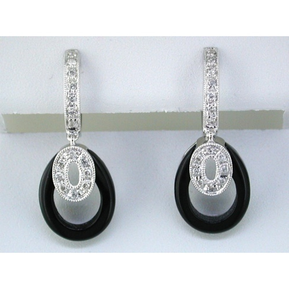 14K White Gold Drop Earrings with Black Onyx and Halo-Set Round Diamonds - 0.18 Carat Total Diamond Weight - Royal Jewelry