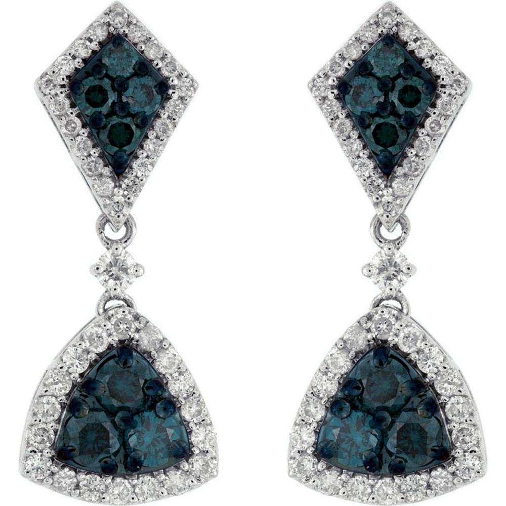 14K White Gold Drop Earrings with Blue and White Diamonds - 1.26 Carats Total Diamond Weight