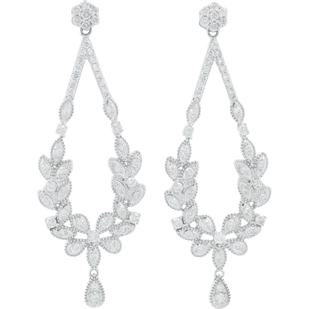14K White Gold Drop Earrings with Brilliant Round Diamonds - 1.00 Carat Total Diamond Weight