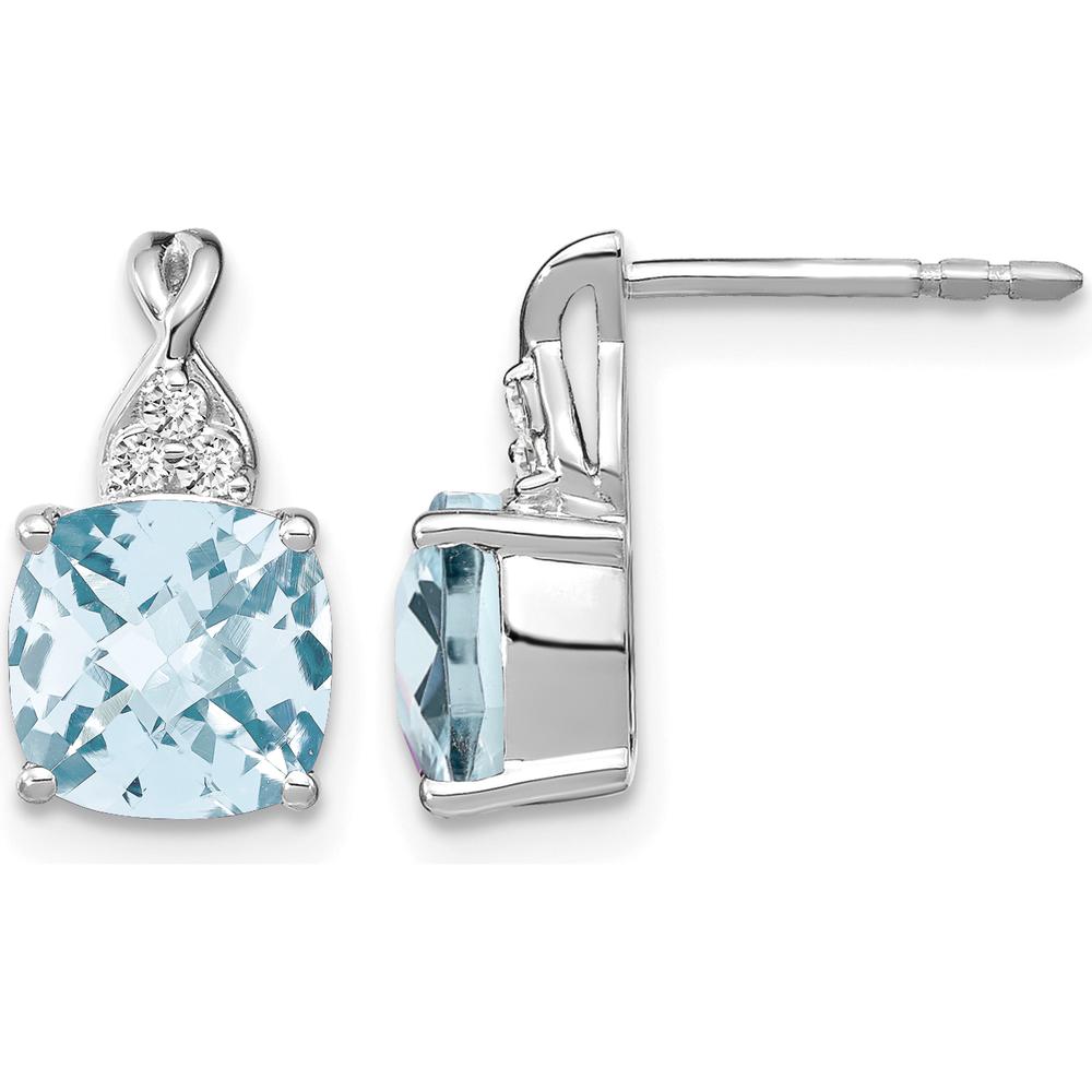 14K White Gold Drop Earrings with Checkerboard Aquamarine and Round Diamonds - 0.01 Carat Total Diamond Weight by Oro Pregiato