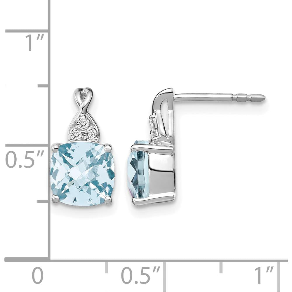 14K White Gold Drop Earrings with Checkerboard Aquamarine and Round Diamonds - 0.01 Carat Total Diamond Weight by Oro Pregiato