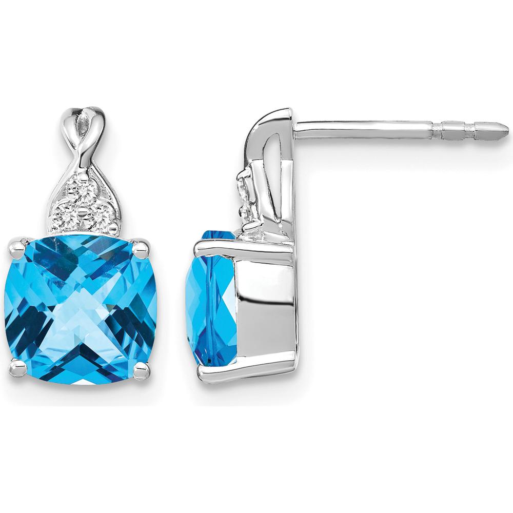 14K White Gold Drop Earrings with Checkerboard Blue Topaz and Round Diamonds - 0.01 Carat Total Diamond Weight by Oro Pregiato