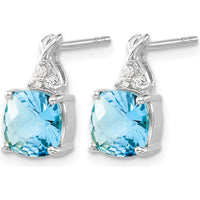 14K White Gold Drop Earrings with Checkerboard Blue Topaz and Round Diamonds - 0.01 Carat Total Diamond Weight by Oro Pregiato