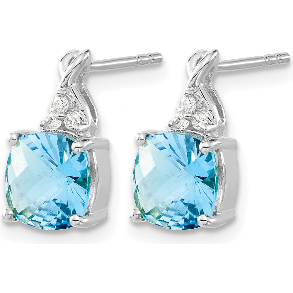 14K White Gold Drop Earrings with Checkerboard Blue Topaz and Round Diamonds - 0.01 Carat Total Diamond Weight by Oro Pregiato