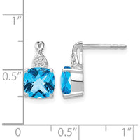 14K White Gold Drop Earrings with Checkerboard Blue Topaz and Round Diamonds - 0.01 Carat Total Diamond Weight by Oro Pregiato