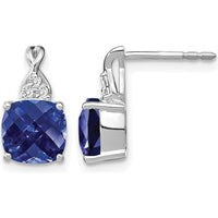 14K White Gold Drop Earrings with Checkerboard Lab Created Sapphire and Round Diamond Accents - 0.01 Carat Total Diamond Weight by Oro Pregiato