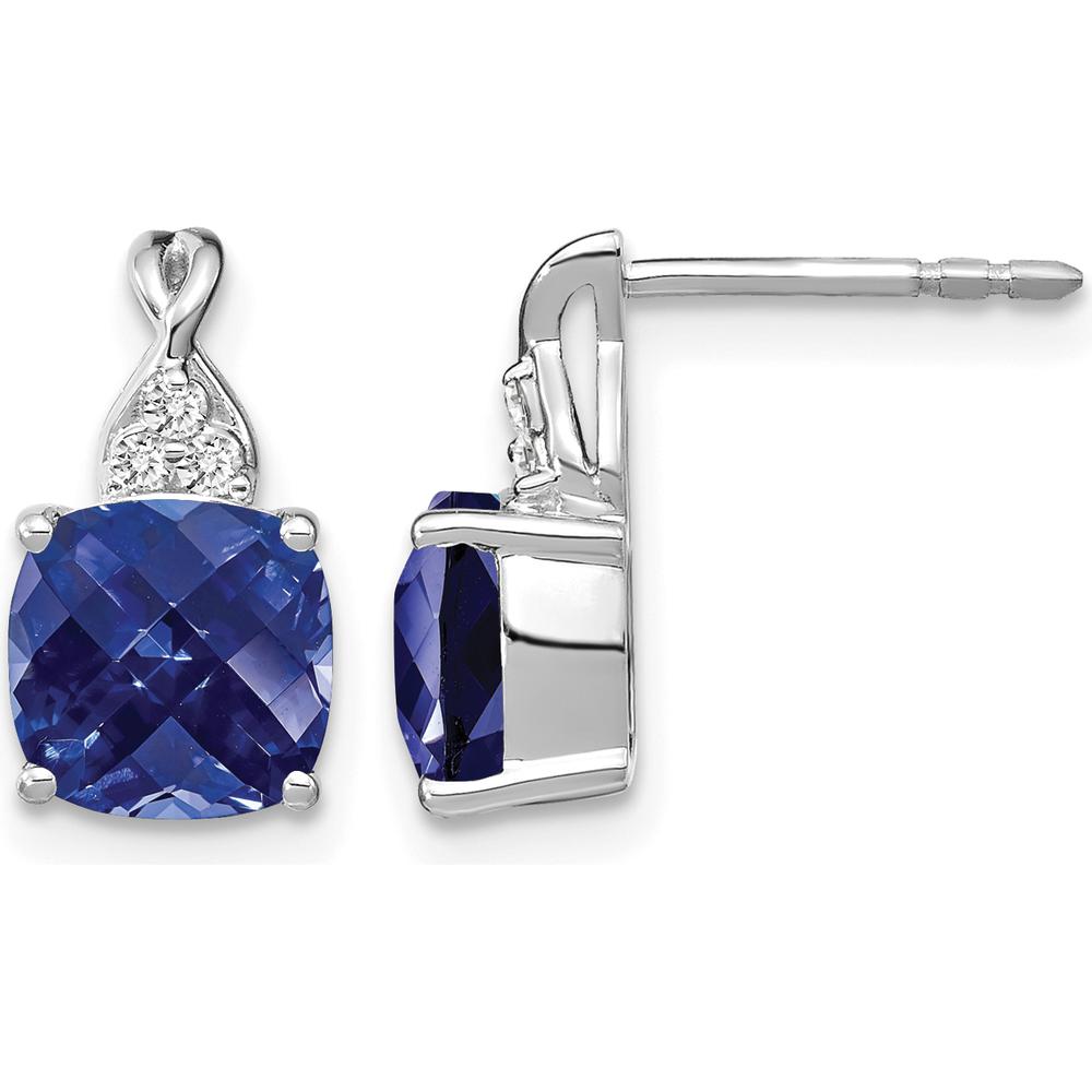 14K White Gold Drop Earrings with Checkerboard Lab Created Sapphire and Round Diamond Accents - 0.01 Carat Total Diamond Weight by Oro Pregiato