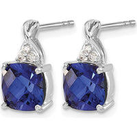 14K White Gold Drop Earrings with Checkerboard Lab Created Sapphire and Round Diamond Accents - 0.01 Carat Total Diamond Weight by Oro Pregiato