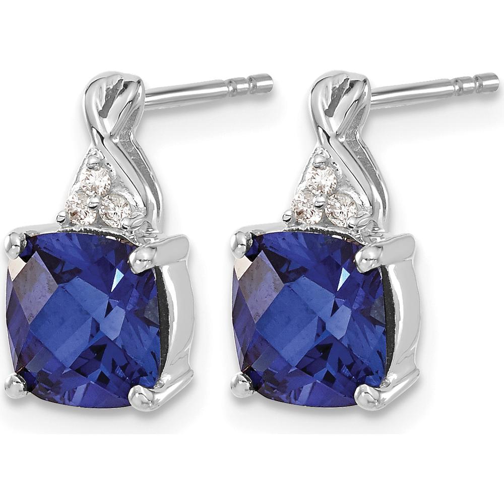 14K White Gold Drop Earrings with Checkerboard Lab Created Sapphire and Round Diamond Accents - 0.01 Carat Total Diamond Weight by Oro Pregiato