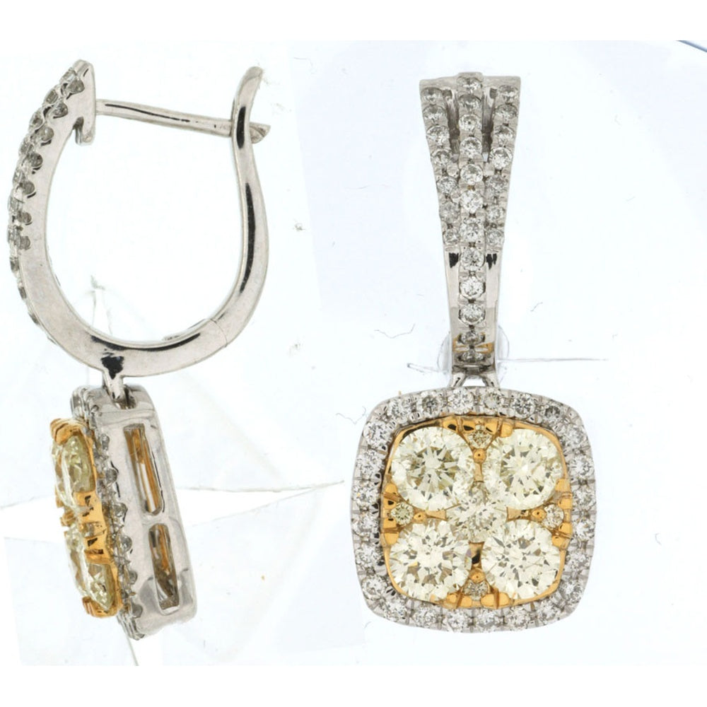 14K White Gold Drop Earrings with Cluster Fancy Yellow Diamonds and White Diamond Halo - 2.15 Carat Yellow Diamond and 0.63 Carat White Diamond Total Weight - Royal Jewelry