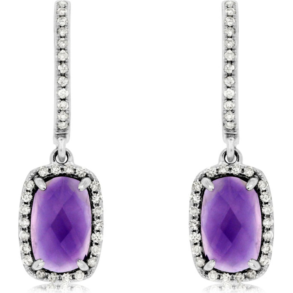 14K White Gold Drop Earrings with Cushion Cut Amethysts and Diamond Halo - 1.85 Carat Total Amethyst Weight and 0.26 Carat Total Diamond Weight - Royal Jewelry