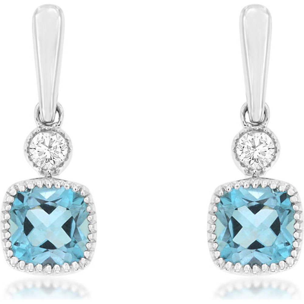 14K White Gold Drop Earrings with Cushion-Cut Blue Topaz and Diamond Accents - 0.41 Carat Total Blue Topaz Weight, 0.03 Carat Total Diamond Weight - Royal Jewelry