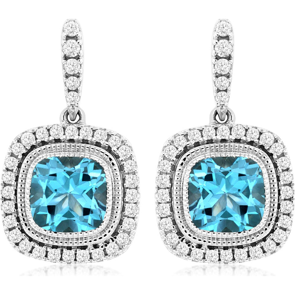 14K White Gold Drop Earrings with Cushion-Cut Blue Topaz and Double Diamond Halo - 2.40 Carat Total Blue Topaz Weight and 0.38 Carat Total Diamond Weight - Royal Jewelry