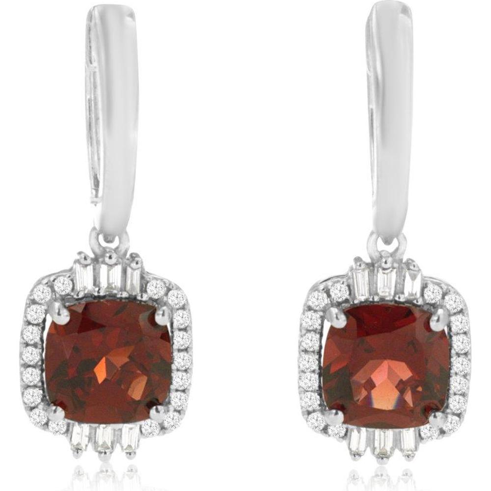 14K White Gold Drop Earrings with Cushion Cut Garnet and Diamond Halo Featuring Baguette Accents - 3.30 Carat Total Garnet Weight, 0.29 Carat Total Diamond Weight - Royal Jewelry