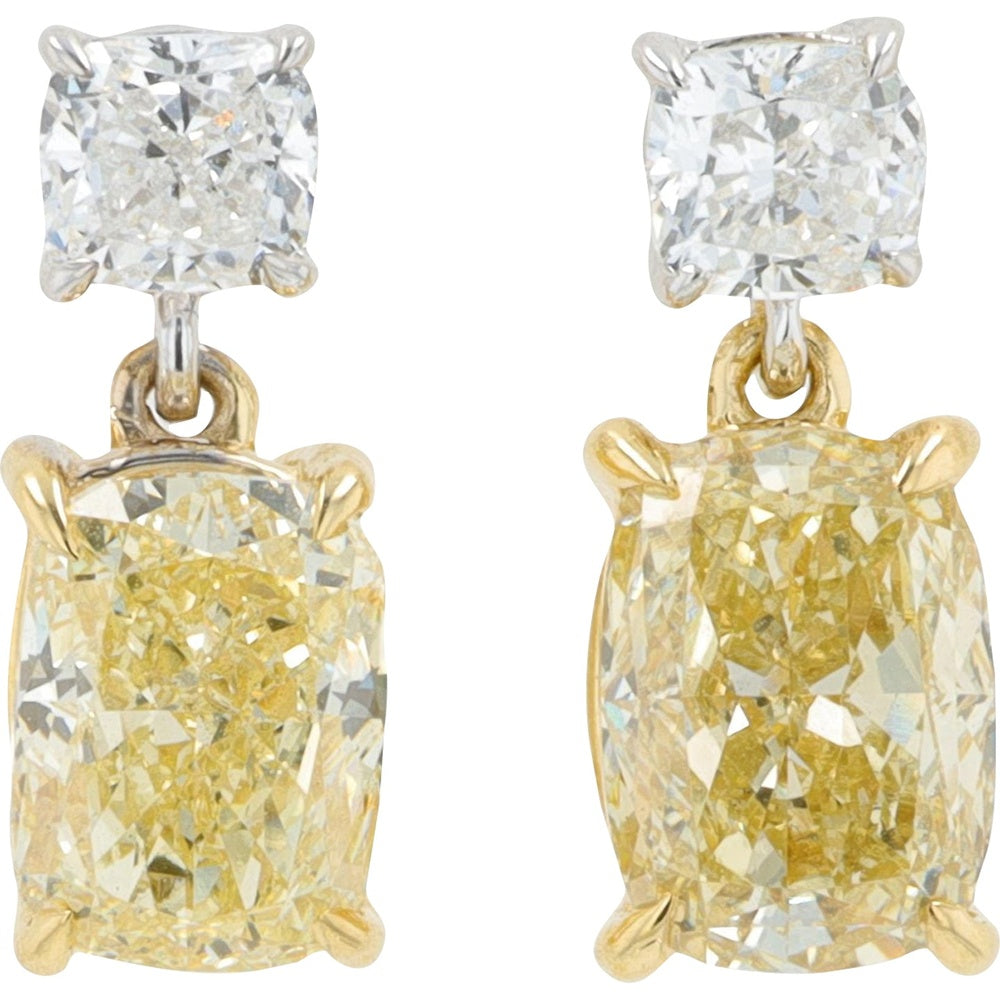 14K White Gold Drop Earrings with Cushion Cut Lab Grown White and Yellow Diamonds - 1.75 Carat Total Diamond Weight