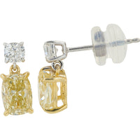 14K White Gold Drop Earrings with Cushion Cut Lab Grown White and Yellow Diamonds - 1.75 Carat Total Diamond Weight