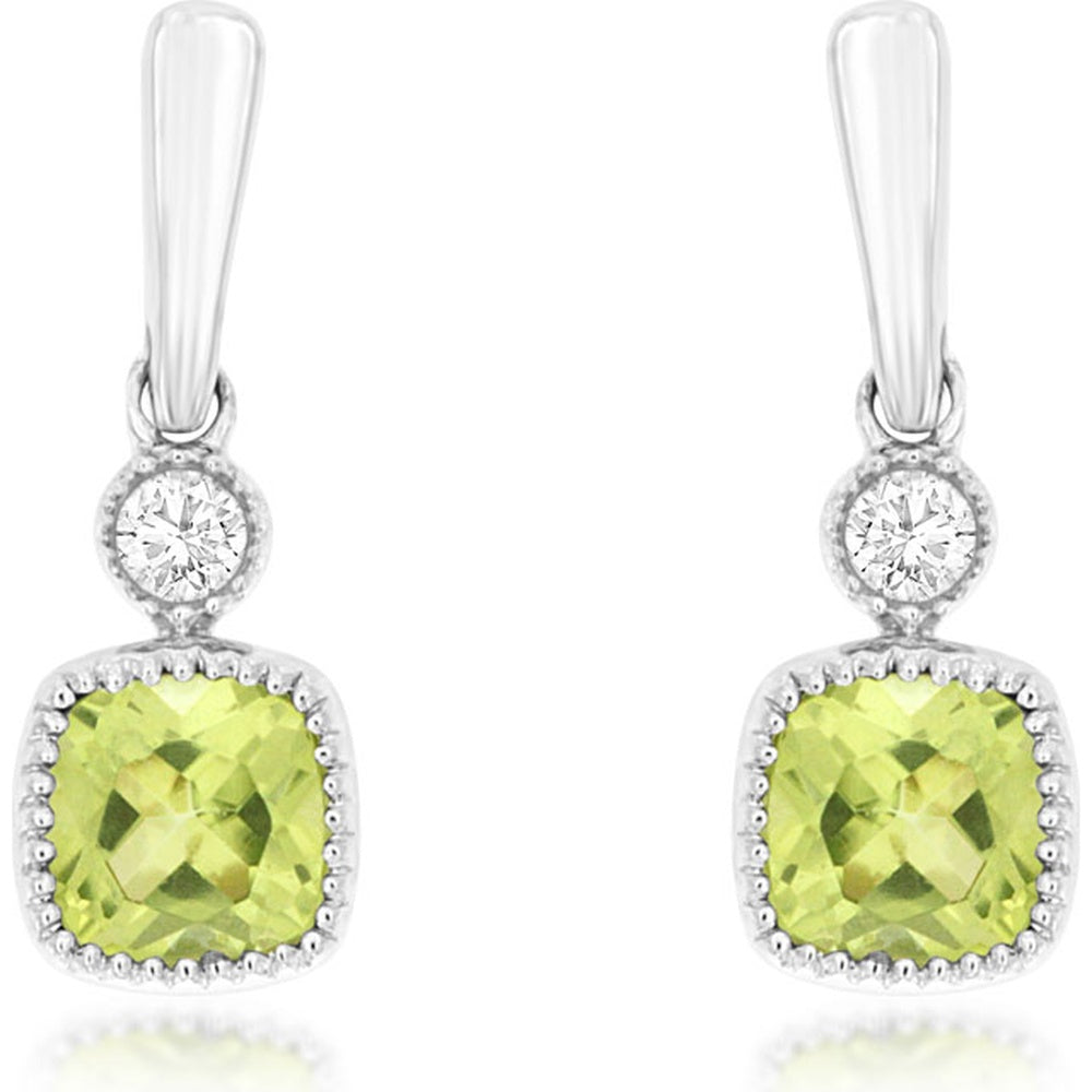 14K White Gold Drop Earrings with Cushion-Cut Peridot and Round Diamond Accents - 0.32 Carat Total Peridot Weight and 0.03 Carat Total Diamond Weight - Royal Jewelry