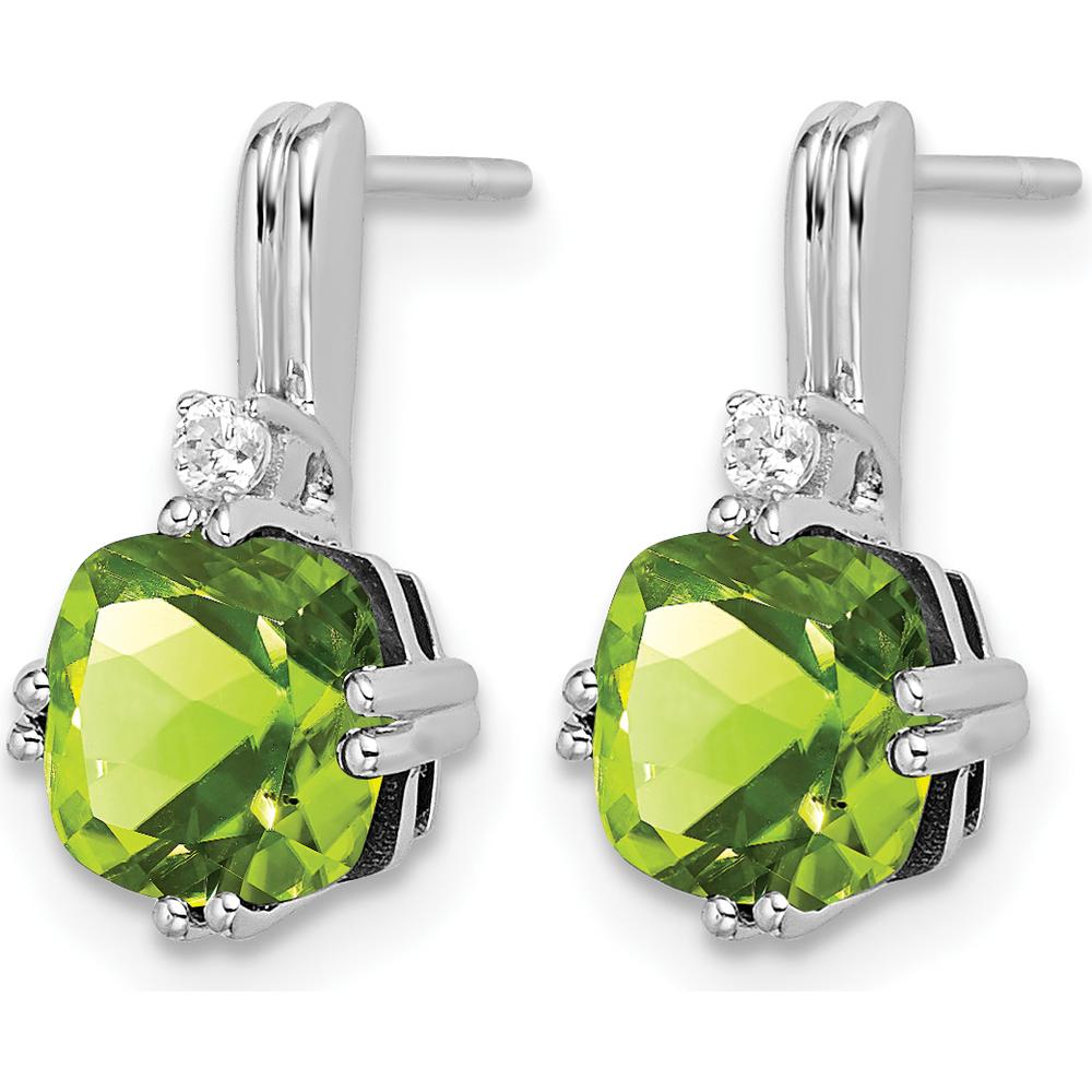 14K White Gold Drop Earrings with Cushion-Cut Peridot and Round Diamond Accents - 1.25 Carat Total Peridot Weight, 0.022 Carat Total Diamond Weight by Monteluci Fine Jewelry