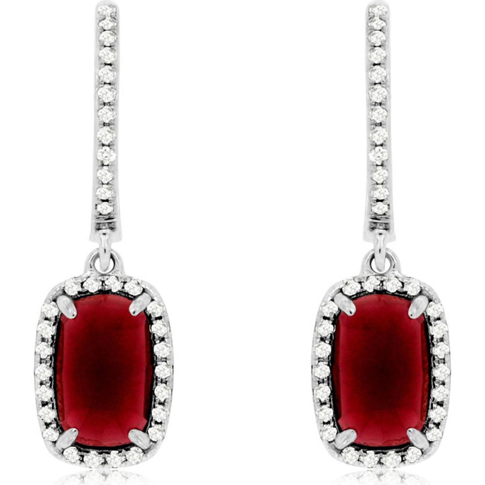 14K White Gold Drop Earrings with Cushion Cut Rhodolite and Diamond Halo Accents - 2.80 Carat Total Rhodolite Weight and 0.26 Carat Total Diamond Weight - Royal Jewelry