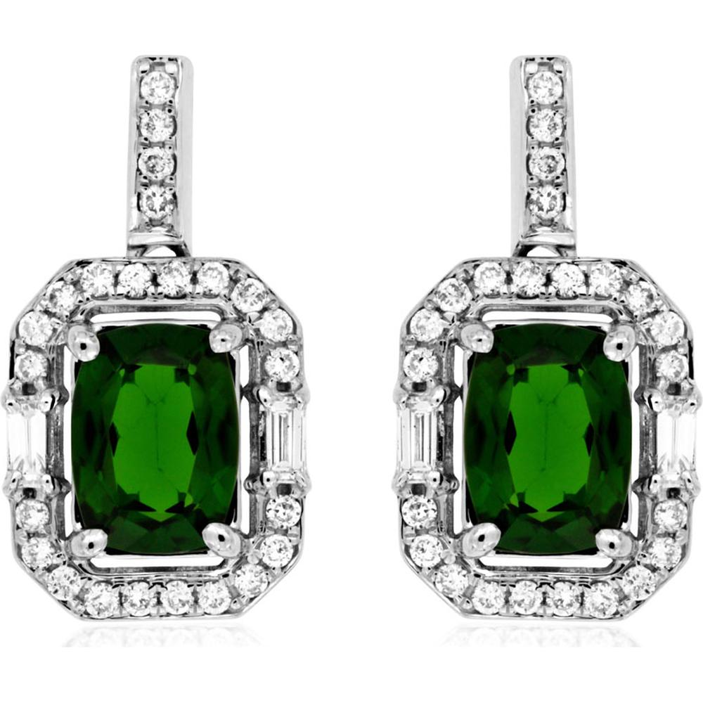 14K White Gold Drop Earrings with Cushion Cut Russalite and Baguette & Round Diamond Halo - 1.85 Carat Total Russalite Weight, 0.36 Carat Total Diamond Weight - Royal Jewelry