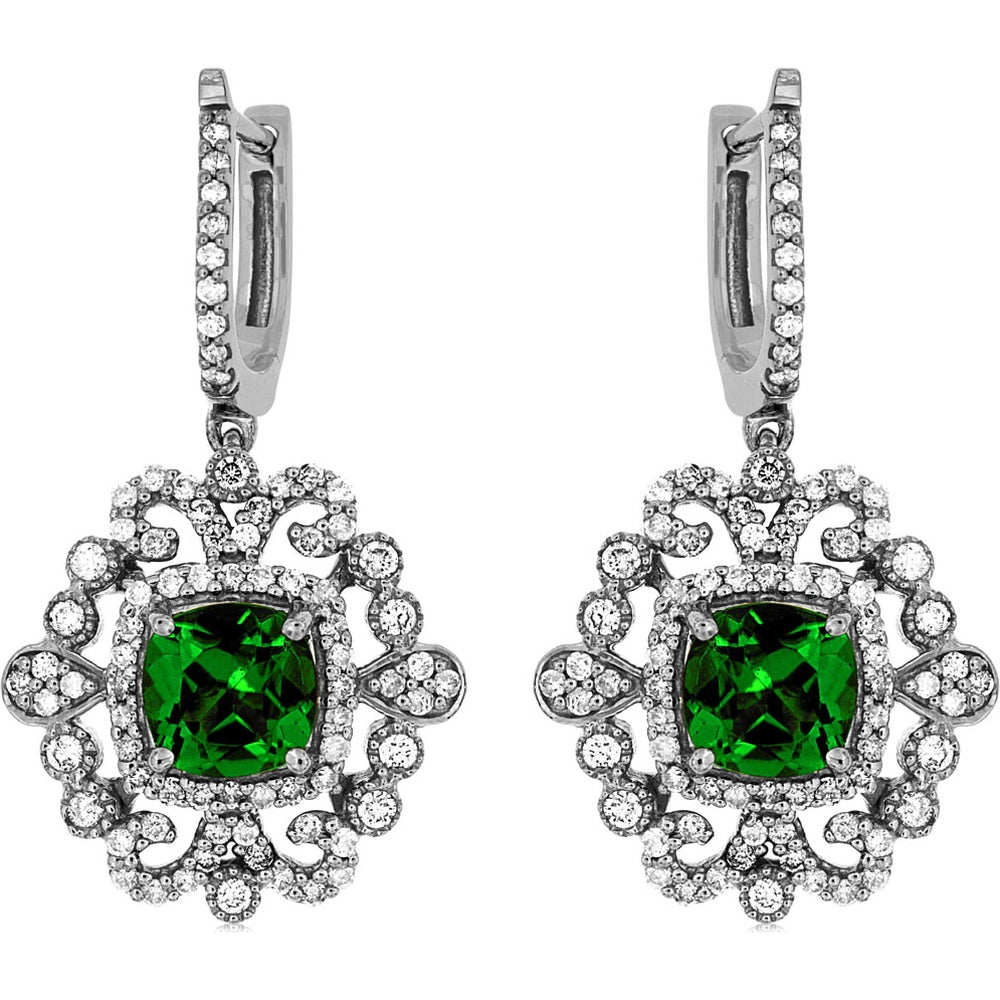 14K White Gold Drop Earrings with Cushion-Cut Russalite and Diamond Halo - 2.00 Carat Total Russalite Weight and 0.80 Carat Total Diamond Weight - Royal Jewelry