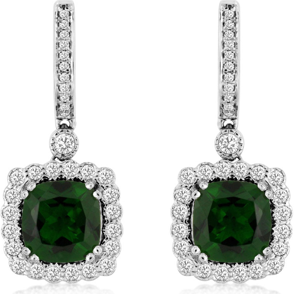 14K White Gold Drop Earrings with Cushion-Cut Russalite and Pavé Diamond Halo - 4.20 Carat Total Russalite Weight and 0.68 Carat Total Diamond Weight - Royal Jewelry