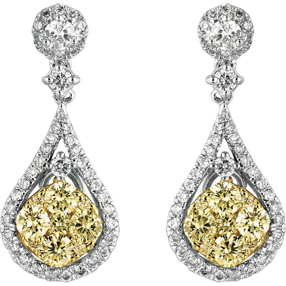 14K White Gold Drop Earrings with Cushion Cut Yellow Diamonds - 1.38 Carats Total Diamond Weight
