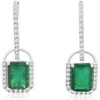 14K White Gold Drop Earrings with Diamond-Studded Bars and Halo-Set Rectangular Emeralds - 2.00 Carat Total Emerald Weight and 0.26 Carat Total Diamond Weight - Royal Jewelry