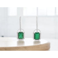 14K White Gold Drop Earrings with Diamond-Studded Bars and Halo-Set Rectangular Emeralds - 2.00 Carat Total Emerald Weight and 0.26 Carat Total Diamond Weight - Royal Jewelry