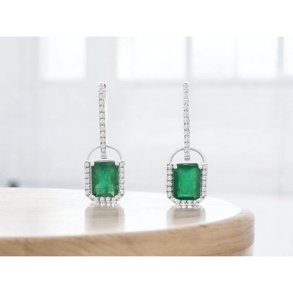 14K White Gold Drop Earrings with Diamond-Studded Bars and Halo-Set Rectangular Emeralds - 2.00 Carat Total Emerald Weight and 0.26 Carat Total Diamond Weight - Royal Jewelry