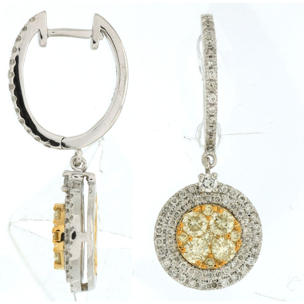 14K White Gold Drop Earrings with Double Halo Set Round White and Yellow Diamonds - 1.56 Carat Total Diamond Weight - Royal Jewelry