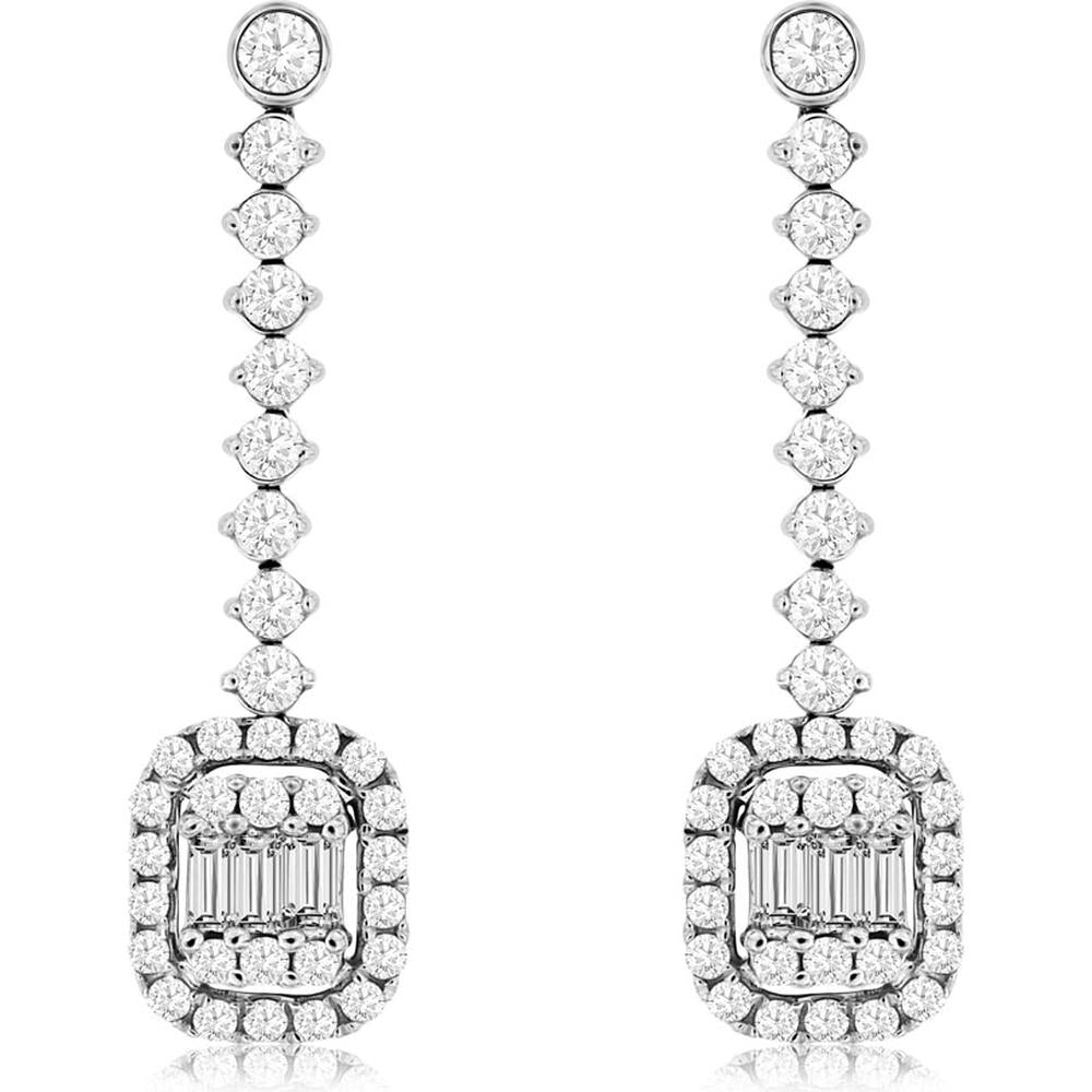 14K White Gold Drop Earrings with Emerald-Cut and Round Diamonds - 0.95 Carats Total Diamond Weight