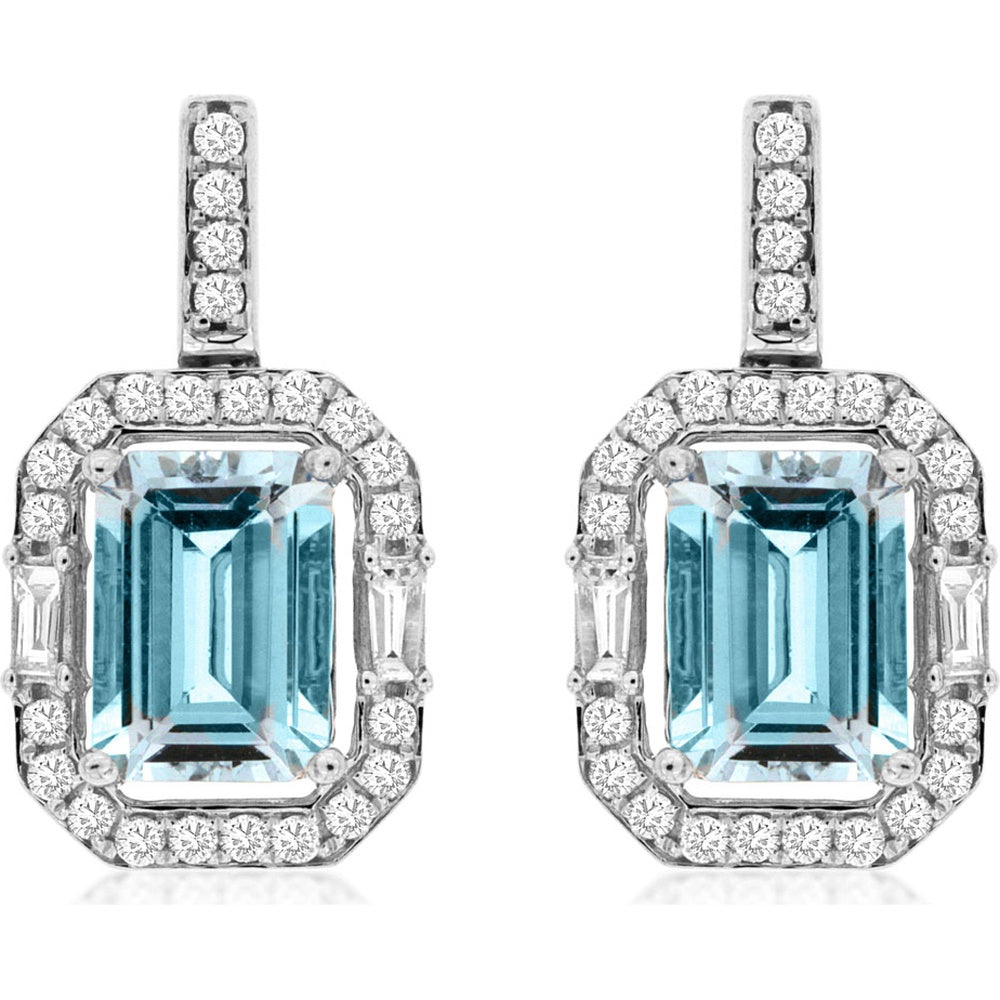 14K White Gold Drop Earrings with Emerald-Cut Aquamarine and Diamond Halo - 1.75 Carat Total Aquamarine Weight and 0.36 Carat Total Diamond Weight - Royal Jewelry