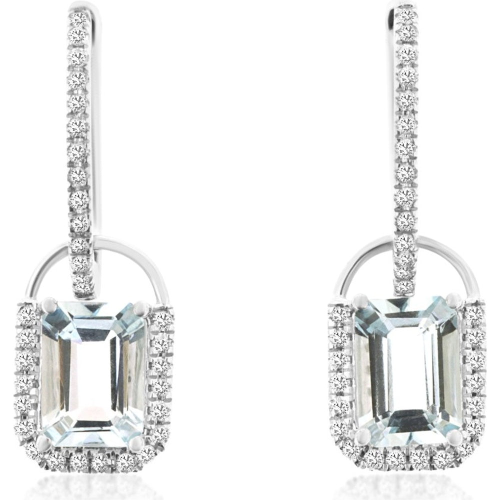 14K White Gold Drop Earrings with Emerald-Cut Aquamarine and Pavé Diamond Halo - 1.74 Carat Total Aquamarine Weight and 0.26 Carat Total Diamond Weight - Royal Jewelry