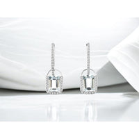 14K White Gold Drop Earrings with Emerald-Cut Aquamarine and Pavé Diamond Halo - 1.74 Carat Total Aquamarine Weight and 0.26 Carat Total Diamond Weight - Royal Jewelry