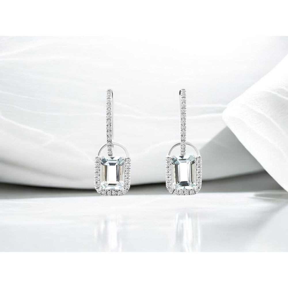 14K White Gold Drop Earrings with Emerald-Cut Aquamarine and Pavé Diamond Halo - 1.74 Carat Total Aquamarine Weight and 0.26 Carat Total Diamond Weight - Royal Jewelry