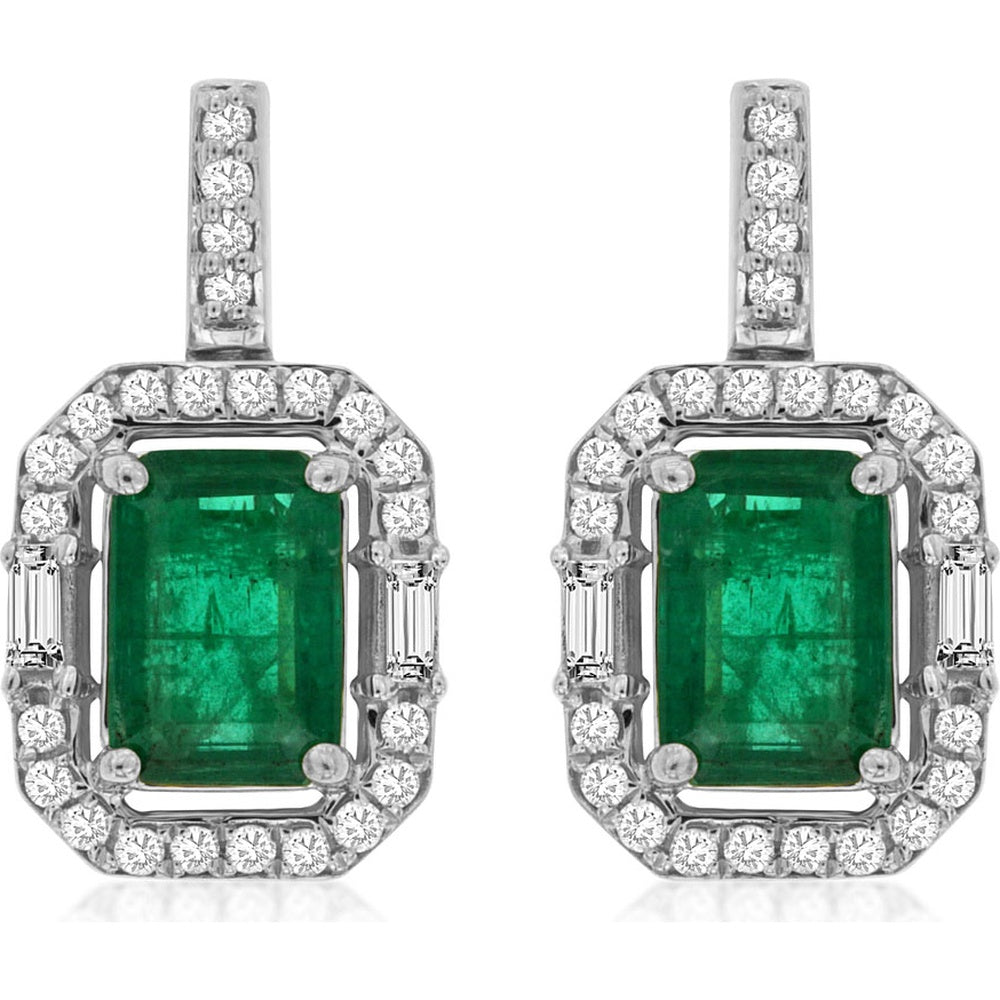 14K White Gold Drop Earrings with Emerald Cut Emeralds and Diamond Halo - 2.05 Carat Total Emerald Weight and 0.36 Carat Total Diamond Weight - Royal Jewelry
