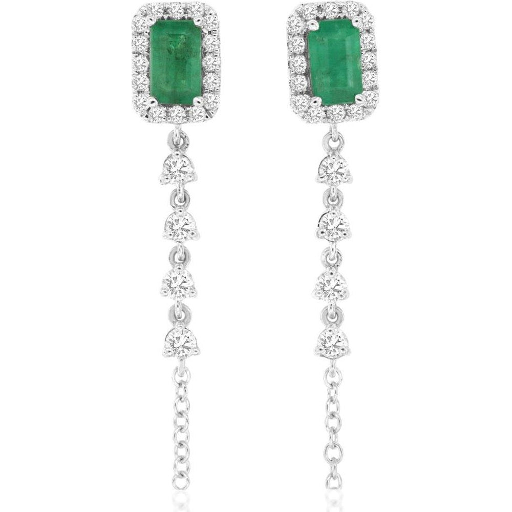 14K White Gold Drop Earrings with Emerald Cut Emeralds and Diamond Halo Accents - 0.56 Carat Total Emerald Weight and 0.40 Carat Total Diamond Weight - Royal Jewelry