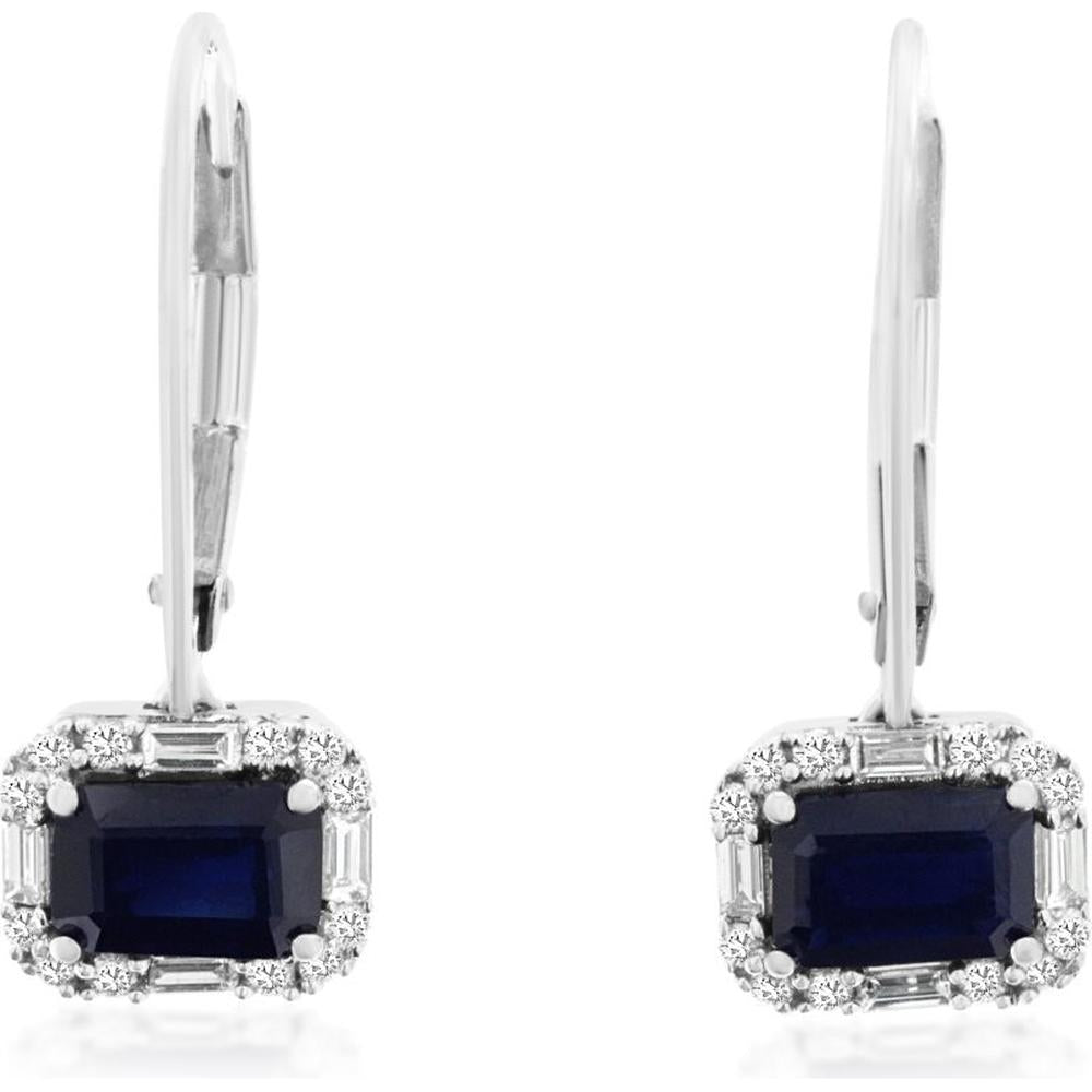 14K White Gold Drop Earrings with Emerald Cut Sapphires and Diamond Halo - 1.30 Carat Total Sapphire Weight, 0.25 Carat Total Diamond Weight - Royal Jewelry