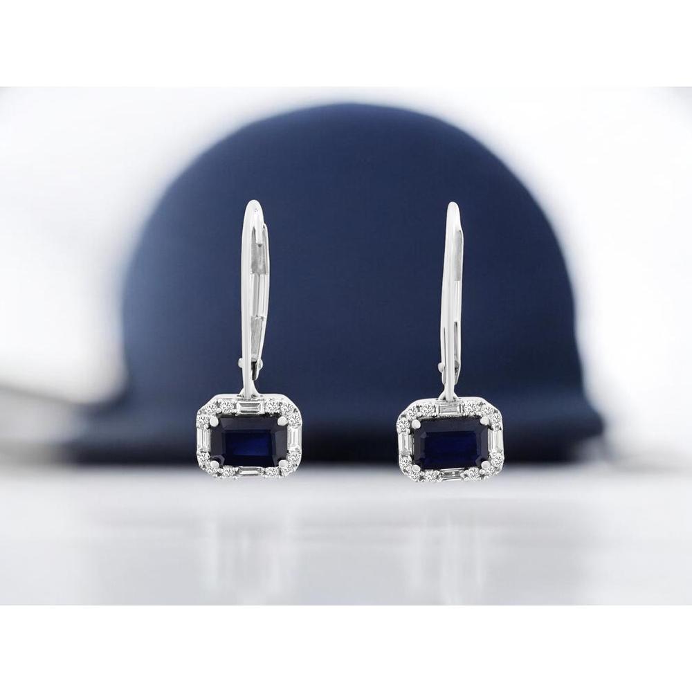14K White Gold Drop Earrings with Emerald Cut Sapphires and Diamond Halo - 1.30 Carat Total Sapphire Weight, 0.25 Carat Total Diamond Weight - Royal Jewelry